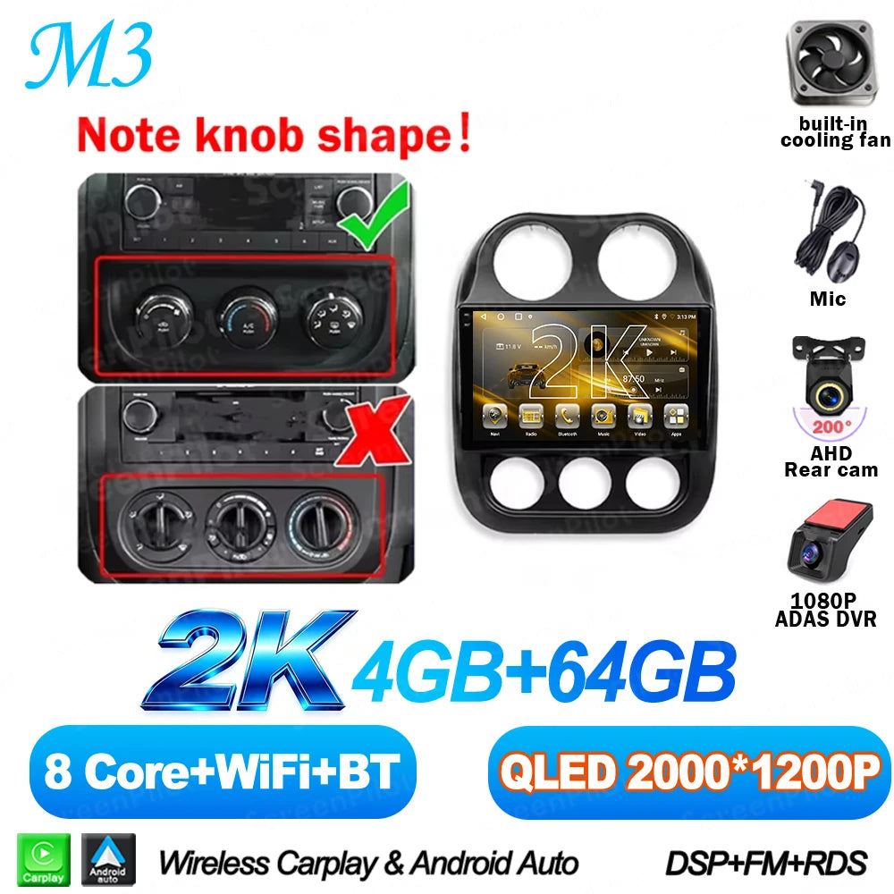 10 in. Android 16 CarPlay Head Unit for 2010-2016 Jeep Compass / Patriot