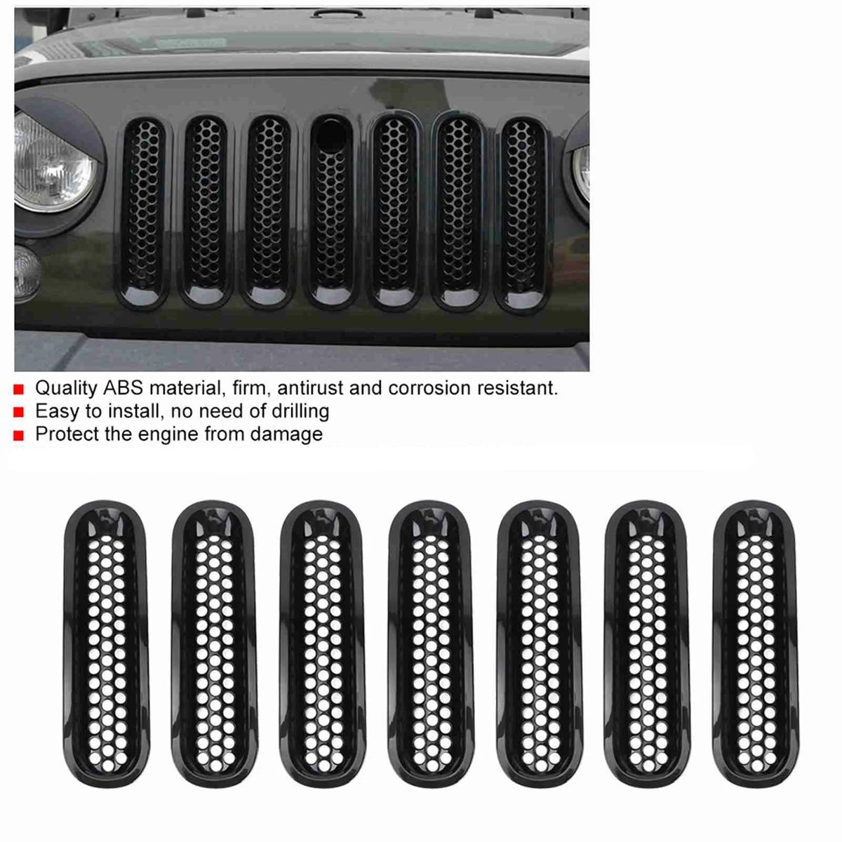 Mesh Grille Inserts for 2007-2015 Jeep Wrangler JK, 7 Pieces