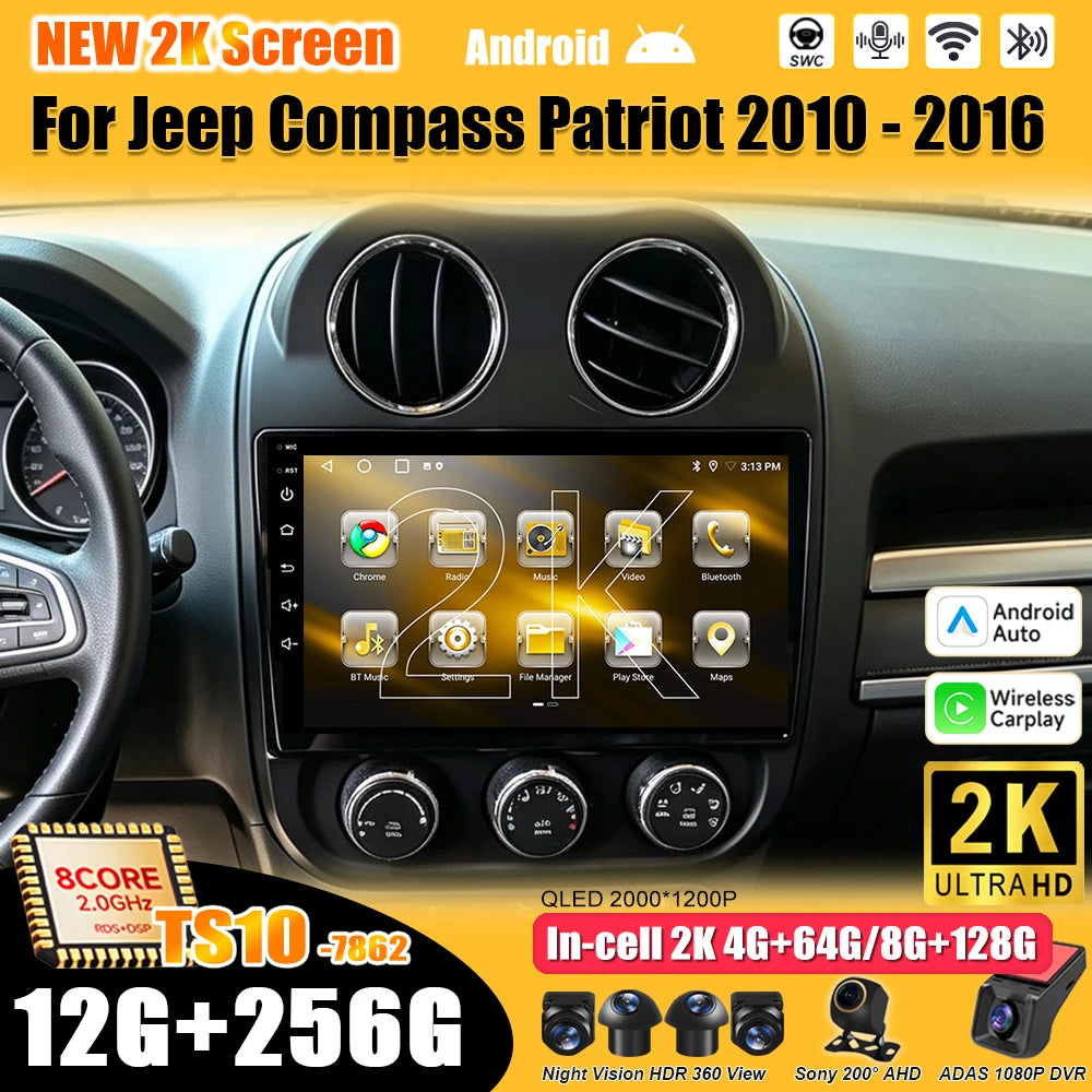 10 in. Android 16 CarPlay Head Unit for 2010-2016 Jeep Compass / Patriot