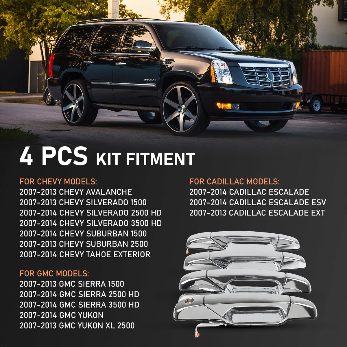 Chrome Exterior Door Handle 4-Piece Set for 2007-2013 Silverado / Escalade