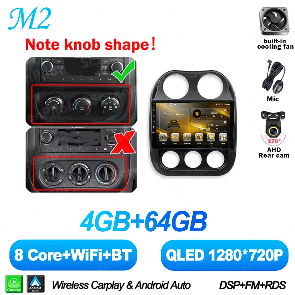 10 in. Android 16 CarPlay Head Unit for 2010-2016 Jeep Compass / Patriot