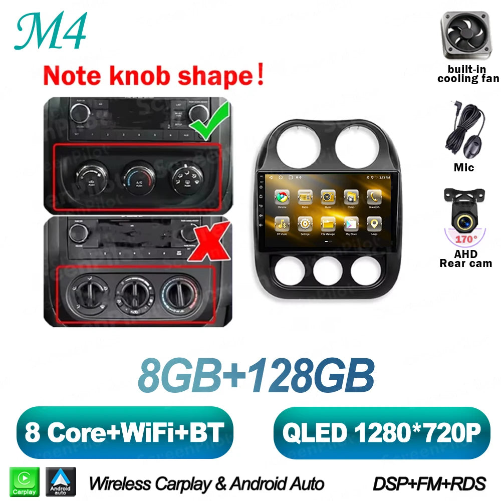 10 in. Android 16 CarPlay Head Unit for 2010-2016 Jeep Compass / Patriot