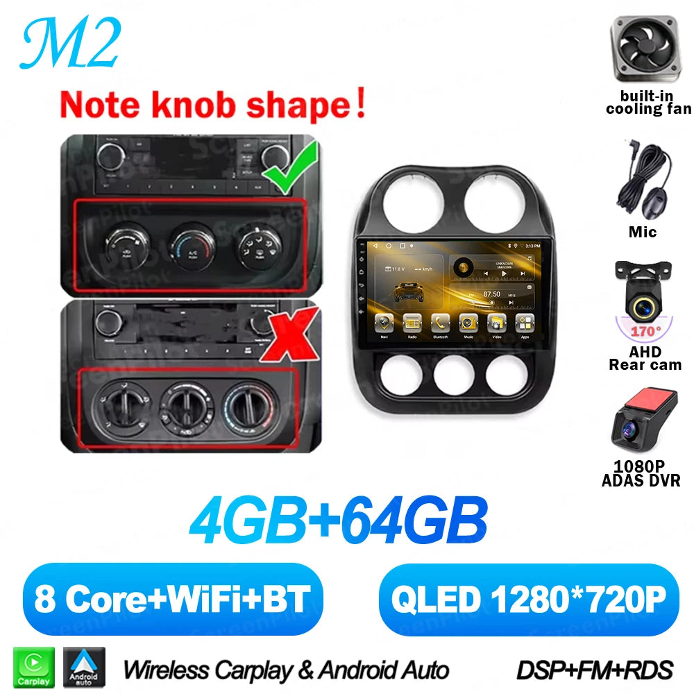 10 in. Android 16 CarPlay Head Unit for 2010-2016 Jeep Compass / Patriot