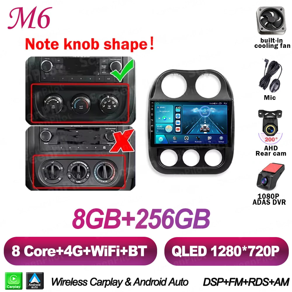 10 in. Android 16 CarPlay Head Unit for 2010-2016 Jeep Compass / Patriot