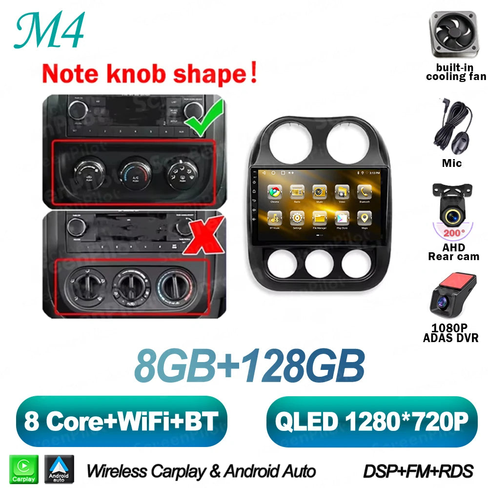 10 in. Android 16 CarPlay Head Unit for 2010-2016 Jeep Compass / Patriot